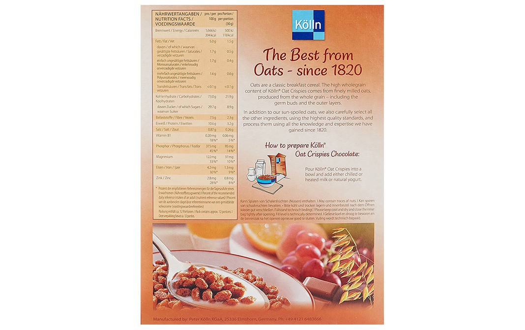 Kolln Oat Crispies Chocolate Cereals   Box  375 grams